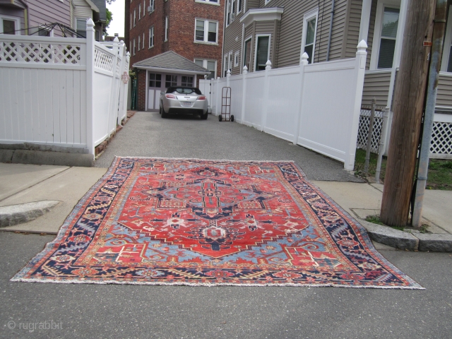 antique heriz serapi karaja rug measuring 10' 5" x 13' 7" nice colors very clean area of repiling and wear both ends and sides are good solid rug good size  everything  ...