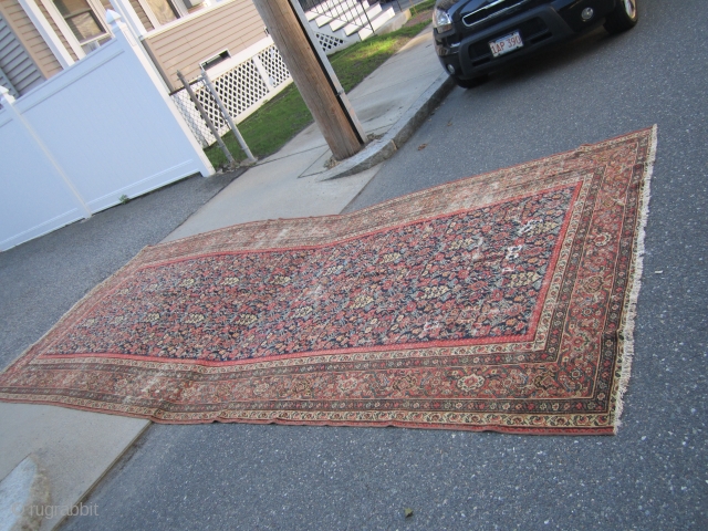 large antique mahal gallery size 7' 3" x 16' 1" solid rug no dry rot worn, one end has some holes as shown good looking rug easy repair rare size no pets  ...