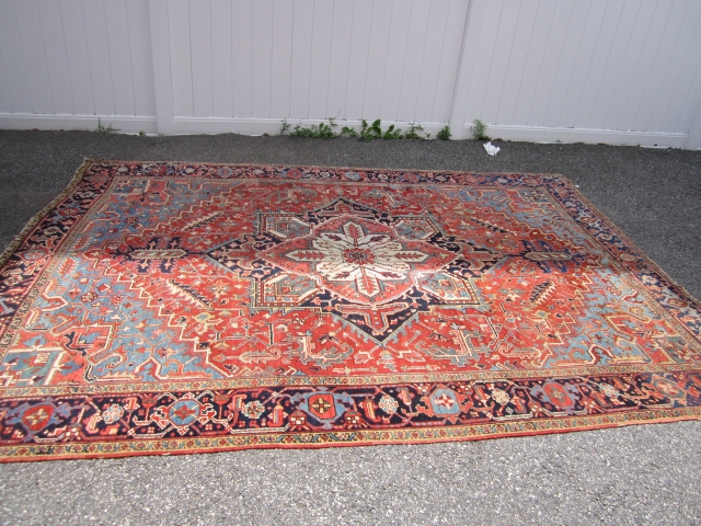 great antique heriz rug measuring 8' 8" x 11' 6" solid rug some wear nothing major ends need to be secured great colors no pets and no smoke great value everything sells  ...
