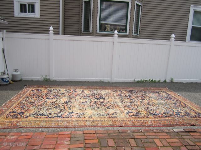 distressed antique persian mahal rug 9' 8" x 16' 7" complete rug has patches in the back only one is repair the others are just reinforcement the rug needs cleaning came from  ...