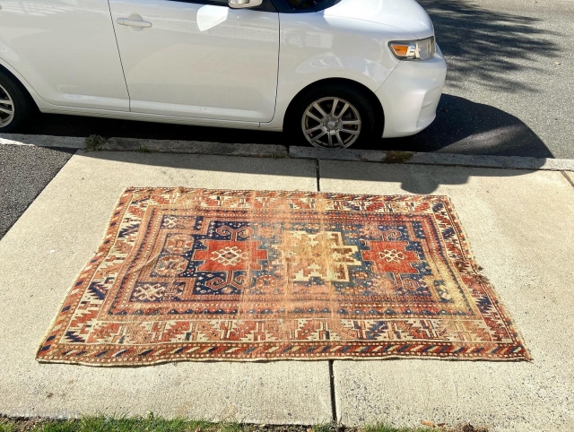 Caucasian karachopt prayer rug great design and colors worn with repair 4’ 2” 6’ 4” clean everything sells here check me out           