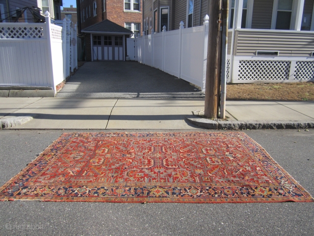 nice all over heriz rug measuring 8' 2" x 11' great colors clean rug one repair on the side as shown some loss to the ends and selvage nothing major great retail  ...