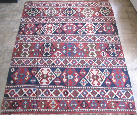 Shirvan Kilim, hand woven wool slit tapestry weave, late 19thC / early 20thC, stunning soft reds and deep blues, nice wide size, general good condition with only minor dings, size 6ft 7in  ...