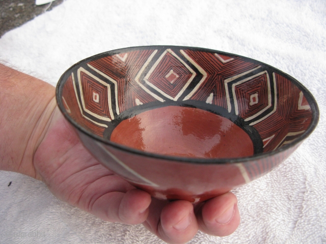 Vintage Mucahua pottery bowl for Chi Cha drink, Quichua Indians, ( Kichwa Indians ), Ecuador, Amazon Rain Forest, fine line hand painting, lacquered with tree resin, I bought this from a woman  ...
