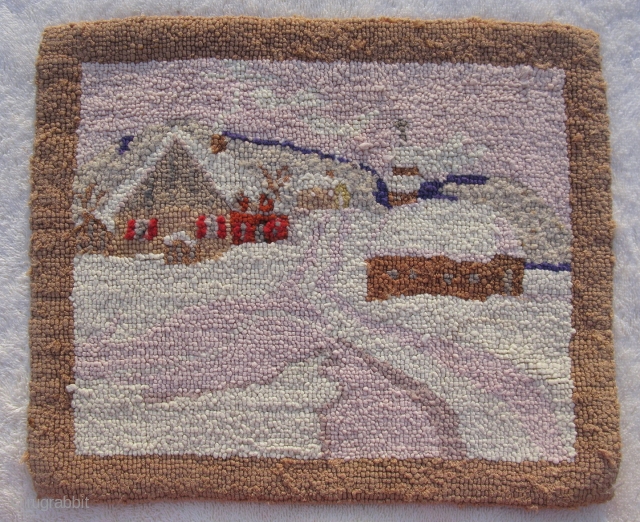 Semi-Antique American hooked rug, American Folk Art rug, hand woven, Labrador or Newfoundland, ca.1930-s, without a label we can only say Grenfell Mission type, a winter village scene in pastel colors, smoking  ...