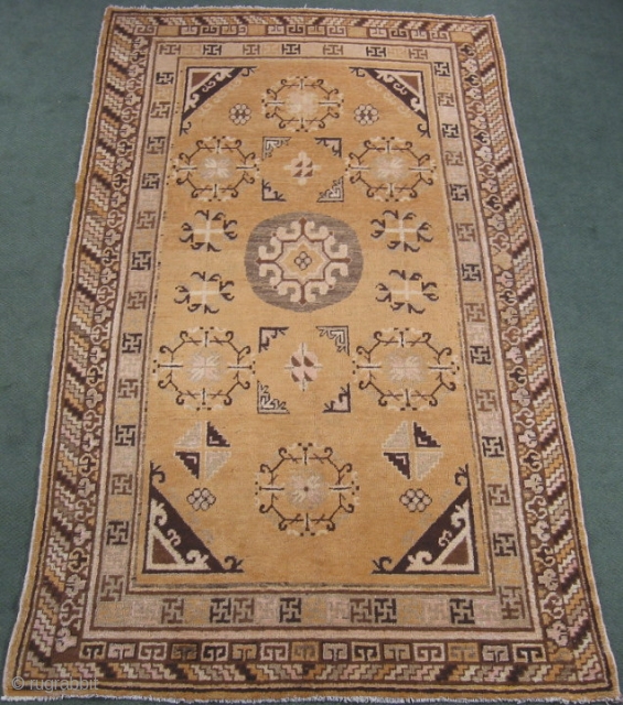 Antique Khotan rug, size 5ft x 9ft, all of my prices have been lowered recently on Rugrabbit, hand knotted wool, Chinese Turkestan, ca. early 20thC, maize yellow with chocolate, light rose, gray,  ...