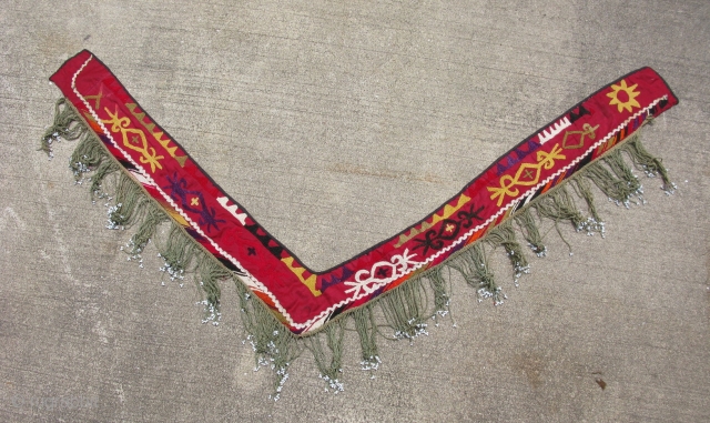 Antique Lakai embroidery, segosh with glass beads, Uzbekistan, early 20th century, the longest arm is about 34 inches long, suzani work, staining and color run, shipping in the US is $8.00  