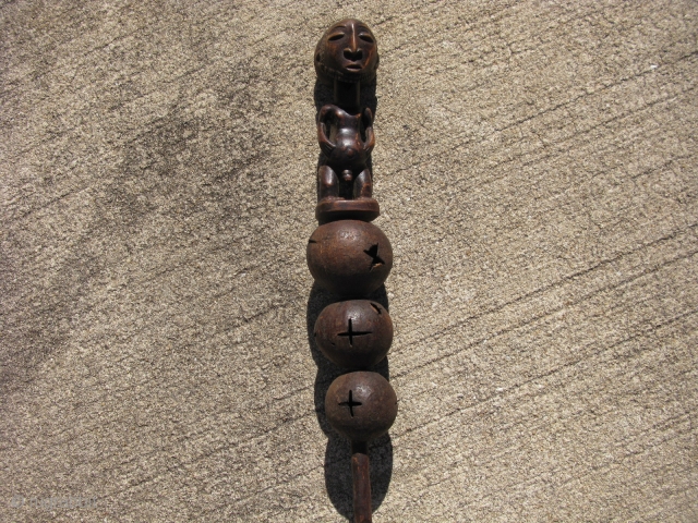 Vintage African ceremonial rattle, hand carved wood, gourds, Luba People of Congo, bearded male figure, damage to the gourd rattles, the approximate size is 12 inches tall, #1128, shipping is extra  