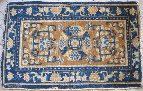 Ningxia rug,ca. mid 19thC?, 3 ply handspun cotton warps, ivory wool wefts, Western China, an attractive golden mustard with shades of ivory and blue, it does have condition problems, but I have  ...