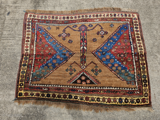 Camel bijar, late 19thC, size 30x39 inches, plush pile, dense fabric, deep saturated colors, and heavy, this rug was once larger and has been woven back together very professionally, please contact me  ...