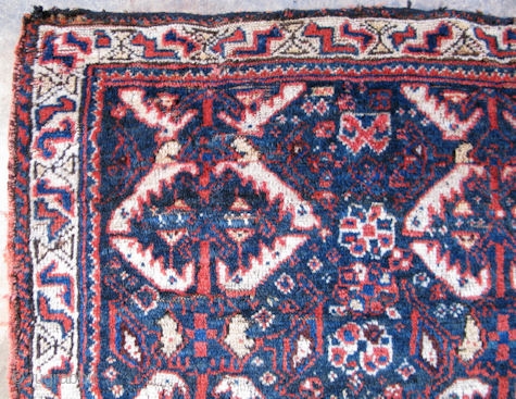 Khamseh bag face, S.W. Persian, early 20thC, stylized animal and tree border, hand knotted wool, general good condition, size 27in x 34in, #1812
          