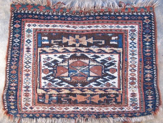 Kurdish bag face, Iran 1920's or earlier, small amount of edge gone, but good pile, size 2ft 4in x 1ft 8in, #9757, this rug is featured in Marla Mallett's book "Woven Structures,  ...