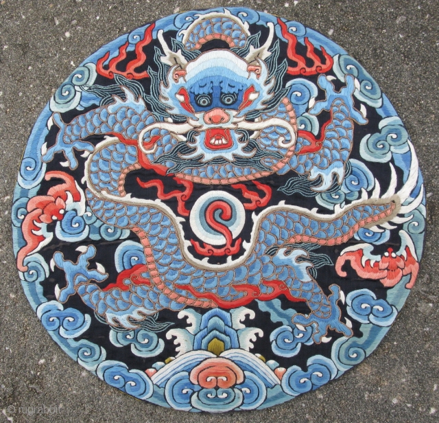 Antique Chinese Nobility Insignia Roundel for a coat, 4 toe front facing dragon of heaven / mang, silk embroidery and couching of gold metal threads, general good condition, but there is some  ...