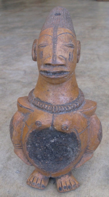 Mangbetu pottery figure with occipital head deformaion, Mangbetu Peoples, D.R. Congo, 20thC vintage, the Mangbetu are one of the few African tribes that practice head deformation, similar to some Native American groups,  ...