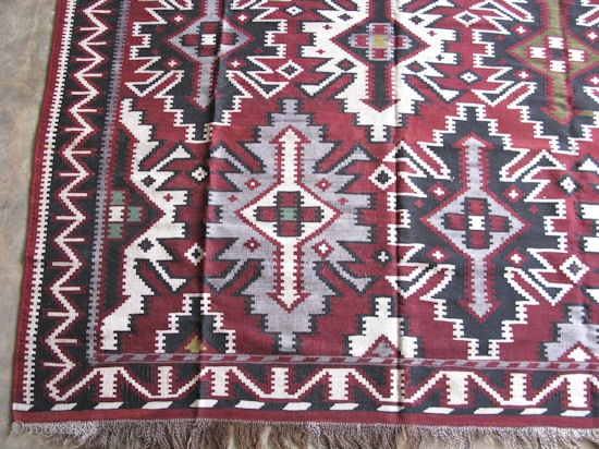 Caucasian kilim, wool on wool,size 5 ft. 8 in. x 10 ft. 5 in., Pashaly design, This type of kilim is normally attributed to Kuba, however, Robert Nooter in his book "Flat  ...
