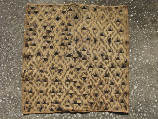 African Kuba raffia cloth, hand woven palm fiber, cut-loop pile embroidery and flat stitch embroidery, the technique produces what is known as kasai velvet, vintage, Congo, Kuba people ( Shoowa ), some  ...