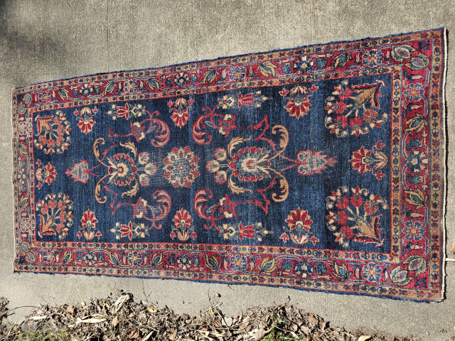 Antique Persian Sarouk, hand knotted wool, Iran, ca. 1900, worn flat, but still strong, sides need attention, size 31x64 inches, shipping is extra, international shipping not available due to embargo restrictions,

 IF  ...