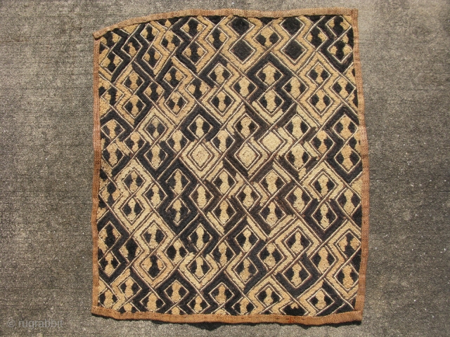 African Kuba raffia cloth, hand woven palm fiber, cut-loop pile embroidery and flat stitch embroidery, the technique produces what is known as kasai velvet, vintage, Congo, Kuba people ( Shoowa ), some  ...