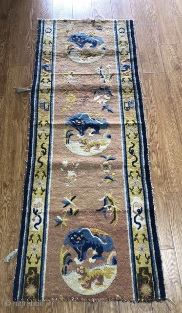 Chinese Ningxia runner , 186*68cm.  cut half from a complete one. hand woven antique rug, foo dogs pattern, high quality , at lest 200 years old and in good condition.  