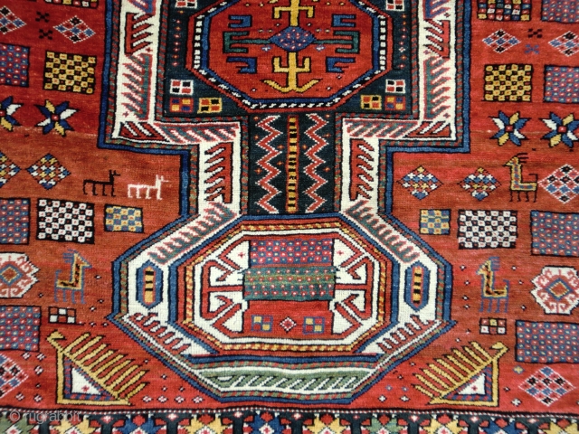 Large Shirvan in excellent condition and good design with lots of traditional shirvan elements. Good range of colours too. Ends sewn over. 131 by 290cm.        