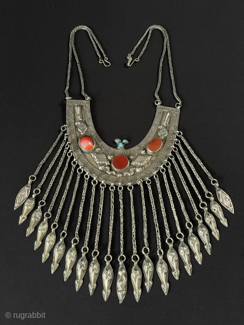 Antique from Afghanistan Talismanic Silver Wedding Necklace with Carnelian & Turquoise. Circa - 1900 or earlier Size - ''47 cm x 15 cm'' - Tassels : 11 cm - Weight : 189  ...