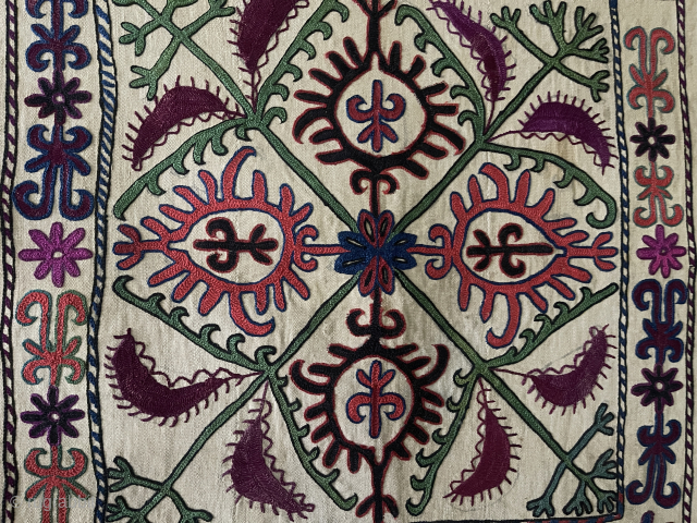 Antique Kyrgysyztan Silk Embroidered Yurt Hanging Decoration. Mostly silk and only red color wool embroidered on hand loomed cotton with silk tassels. Natural colors from vegetable dyes. Circa - 1900 - 20s.  ...