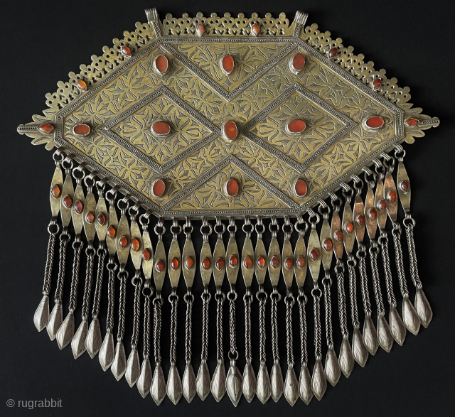 Central - Asian Antique Turkmen Tekke Tribe Silver Gonchuk Necklace Fine Gilded with Carnelian Size - ''31.5 cm x 33.5 cm'' - Weight : 832 gr. Circa - 1900 or earlier turkmansilver@gmail.com 