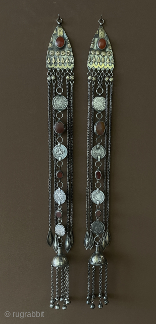 Antique pair of Turkmen Yomud Silver Headpieces. Size - ''53 cm x 4.8 cm'' - Weight : 363 gr. turkmansilver@gmail.com             