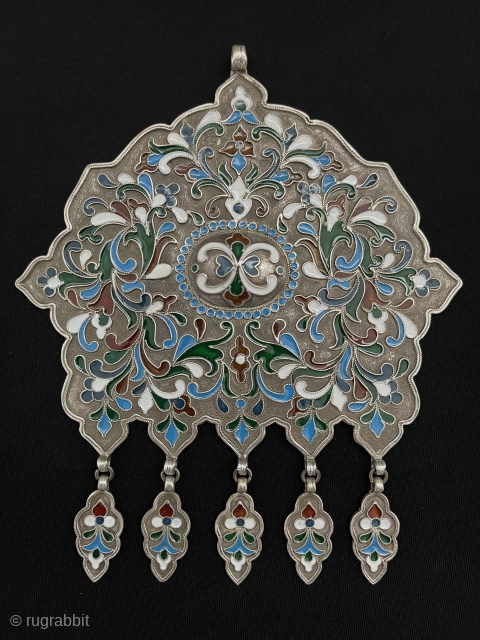 Antique Bukhara Tribal Enameld Silver Pendant with Silver Tassels. Ancient Enamel Jewelery Used in Uzbek Weddings. Excellent Condition! Circa - 1900s Size - ''17 cm x 14.5 cm'' - Weight : 149  ...