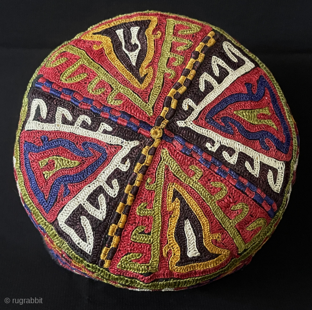 Antique Turkmen Silk Cross Stitched Embroidered Skullcap & Hat. Kopet mountain Turkmen Hat Silk Embroidery on Plain Cotton Zoomorphic motifs on dome part. İt is All Fine Silk Embroidered on Cotton. İt  ...