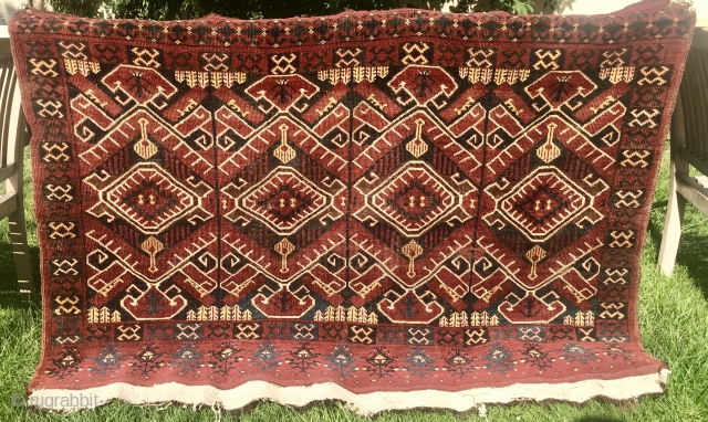 Impressive Beshir or Ersari chuval with Ikat design. Rare! Complete with one tiny hole. Big size and super decorative not on the wall. With original kelim and huge size: 160 cm x  ...