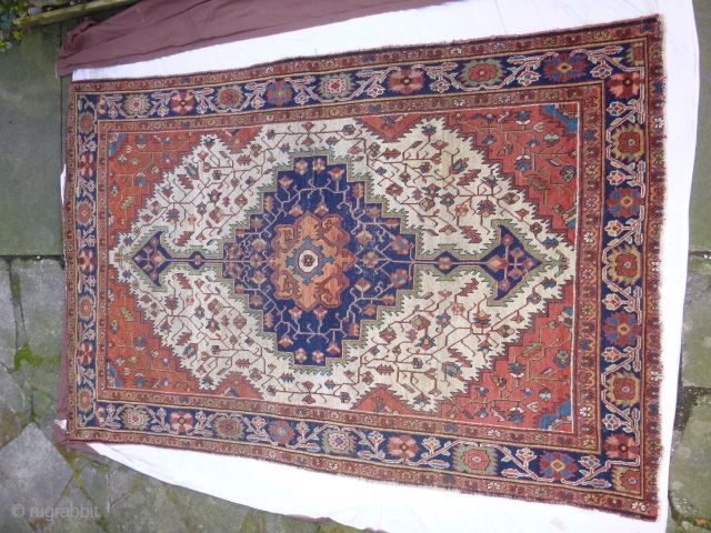 Saruk Persian Rug - nice colours, some loss on the fringes, and wear in central medallion. 203cm x 127cm. 380 pounds sterling.           