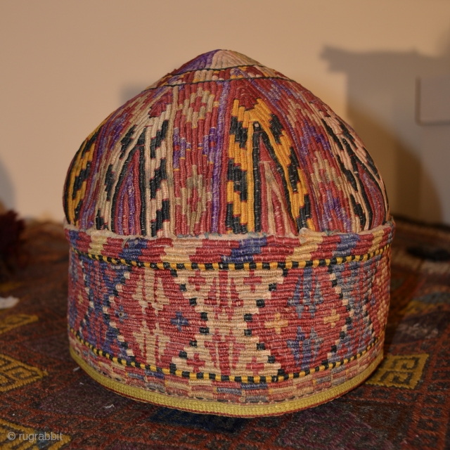Central Asian Hat, Silk/Cotton, Early 20th Century, 7.5 x 8 inches, Some fading, stains and minor color runs.  Could probably use a cleaning.         