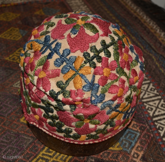 Central Asian Hat, Silk/Cotton, Late 19th Century. 4.25 x 7 inches.  Odd thing-it appears to have been reconstructed at some point.  Whether it was from a larger hat or old  ...