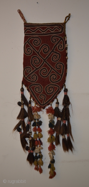 Central Asian Embroidered Felt Bag, Wool, Animal Hair, 20th Century, Bag alone is 22.5 x 11, with tassels and attachments it is 48" long.  One morning many years ago when I  ...