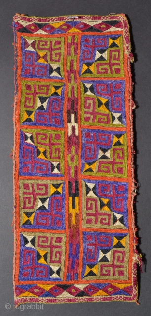 TR 113 Turkmen Embroidered Bag,Silk/Cotton, Early 20th Century, 12.2 x 5 inches
The side bindings have been cut so the bag is not folded in half on its horizontal axis.    