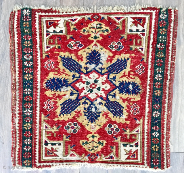 Late 18 c  Turkish Dazgiri, so called Mc Mullan design yastik 60 x59 cm almost identical to the published example great colour and weave chipped ends no repair available   