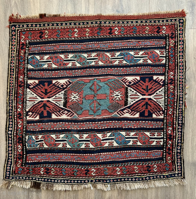 shahsavan  eagle type sumac bag front ca 1880. The outer S and diamond borders are unusual features, size is 64 x 60 cm.  Has a few small old repairs and  ...