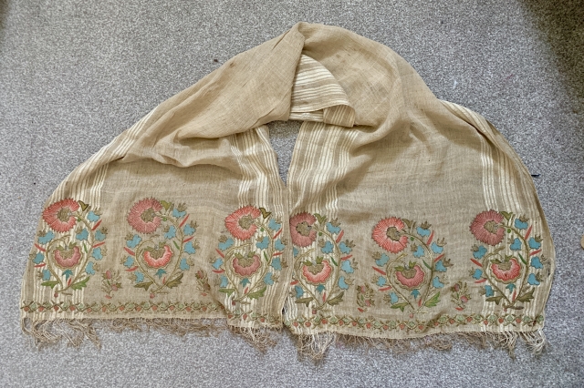  outstanding ottoman embroidered towel ca 1820 highest quality professional work. Silk and metal thread on linen ground with partial striped silk warps.  Generally very good condition two small damages at  ...