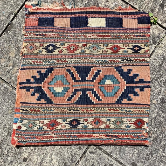 very interesting antique Shasavan bagface mixed technique kelim and sumac work.  Ca 1880.  Soft natural dyes all wool £250 only           