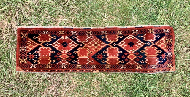 sale continues with this lovely antique Ersari beshir ikat design trapping from the late 19 c size 138 x 43 cm. Great wool and natural dyes full pile but has some old  ...