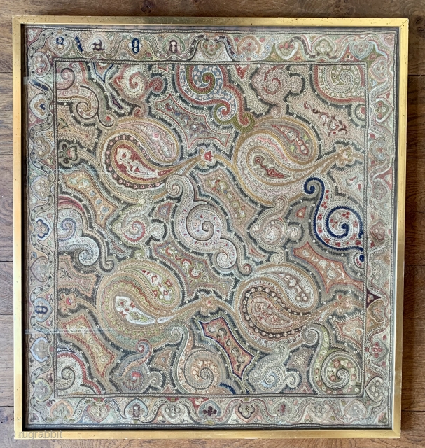 Interesting square Delhi work shawl ca 1900 size 77 x 71 cm unusual format available £350 + shipping Probably best to take it out of frame as it is quite heavy  