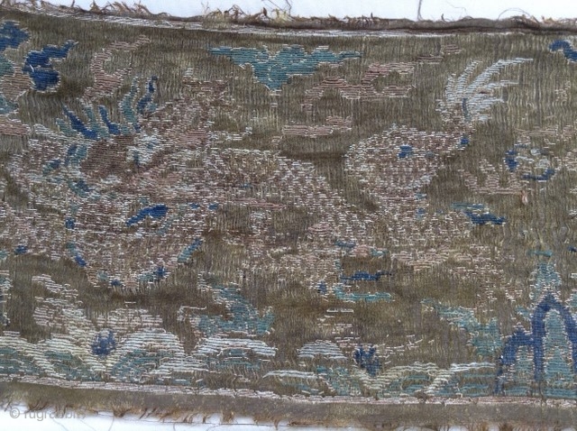 Very old silk textile from Tibet. Two Dragons, in the middle may be the holy mountain Kailash.
It is extrem fine.             