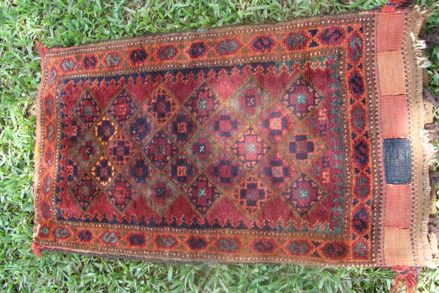 Unusual Baluch Balisht full Bag with beautiful kilim back- Do not pass up until you see photo taken inside. What I like about this piece is that it is quite lively and  ...