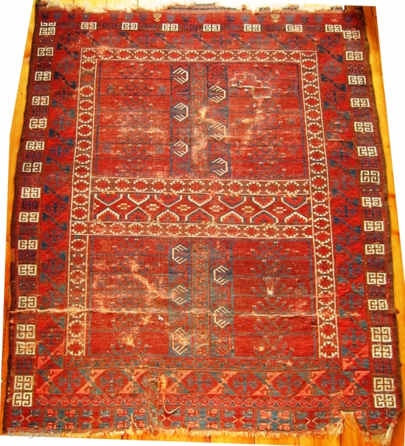 An Ersari Ensi from the second half of the 19th. century

Size 188 x 150cm approx.

In poor overall condition, with repairs,fold wear, tears and a glue stain on the back. This is an  ...