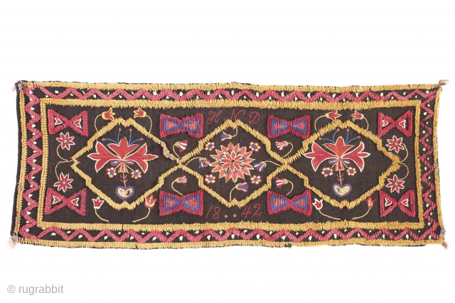 Swedish carriage cushion dated 1842. Rare type with embroidery. Size 116 x 46 cm.                   