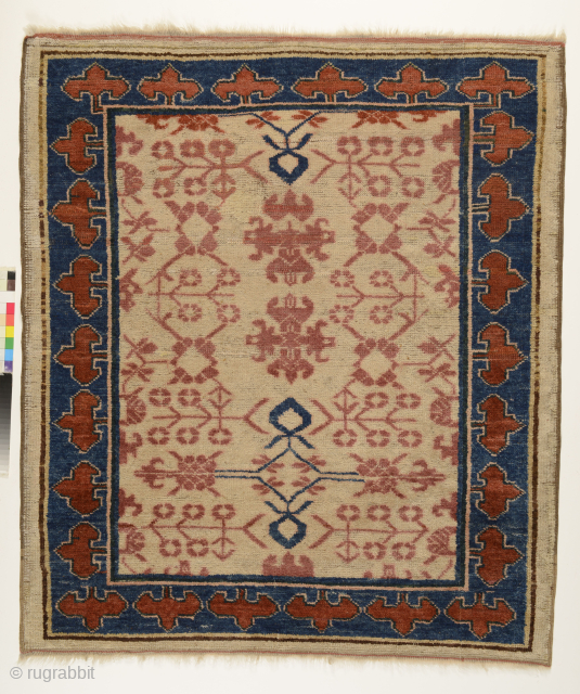 Kyrgyz Wedding Carpet (kyz toi giliam), Aksu/Kashgar area, Chinese Turkestan, 124 x 105 cm, c.1870, weft and warps are wool, natural colours. Unique piece.         