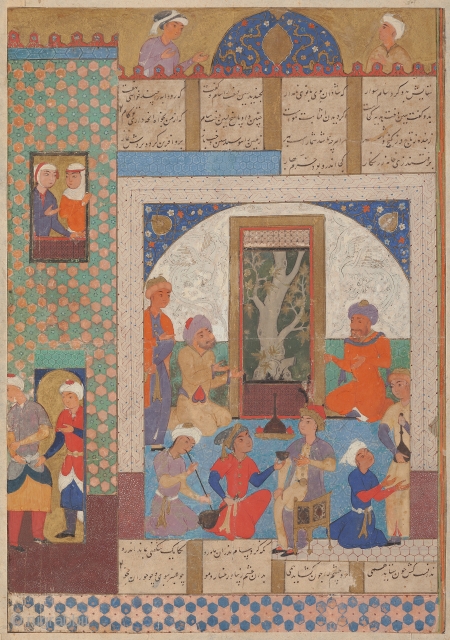 A court scene in an interior, Safavid Persia, probably Mashhad, late 16th century.
Gouache heightened with gold on paper, a young prince sits in a palace interior, offered wine by his attendants, with  ...