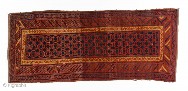 Kyrgyz gylam (main carpet), Batken area, 1920's, 380 by 140 cm, in a very good condition, few scattered minimal reweaving.             