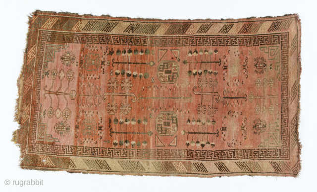 Kyrgyz giliam, Chinese Turkestan, probably Aksu area, late 19th century, 270 by 147 cm, classical Kashgar design with elements borrowed from Turkoman rugs, small figurines of a man, horse, camel and camel  ...